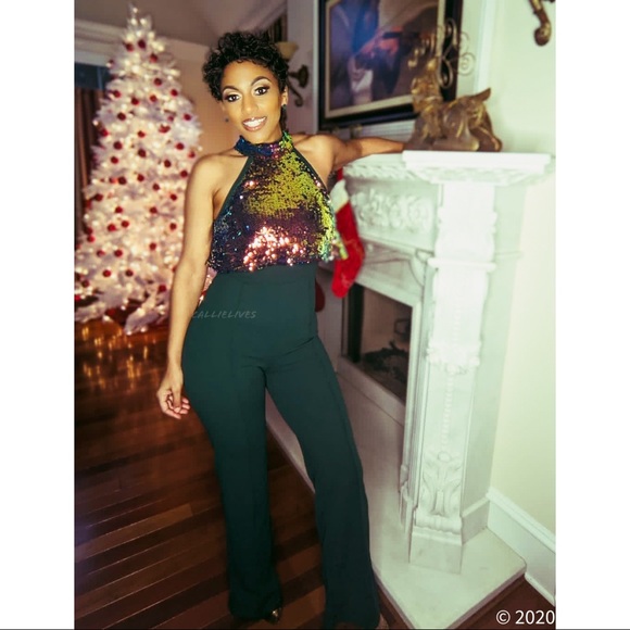 Callie Celebration: Iridescent Orange Sequin Cropped Halter Green Jumpsuit S M - Picture 5 of 16